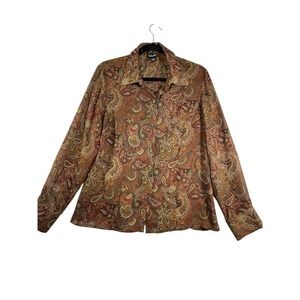 Rafaella Paisley Button Down Shirt Long Sleeve Career Blouse Brown Size 14 Women